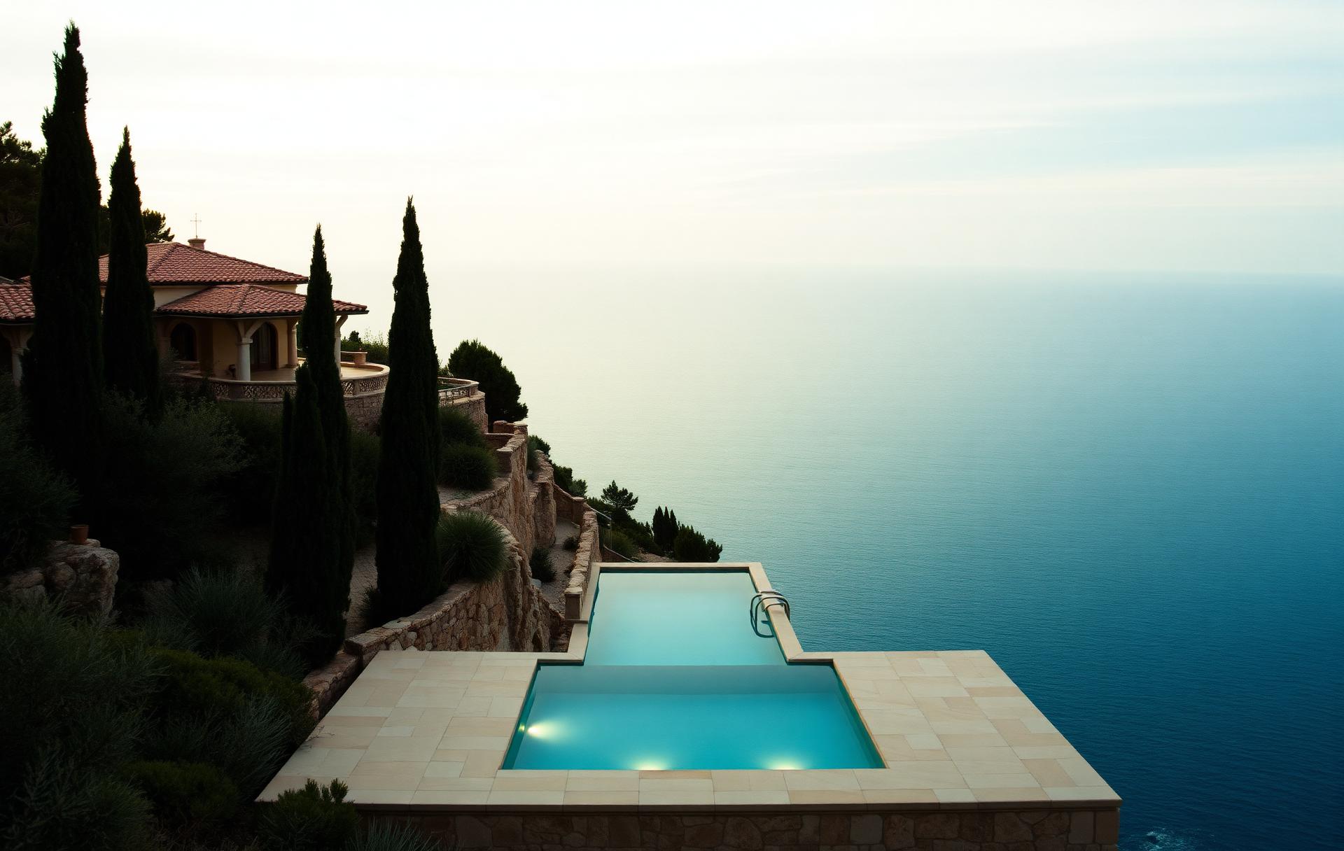 A private villa above the Mediterranean at dusk